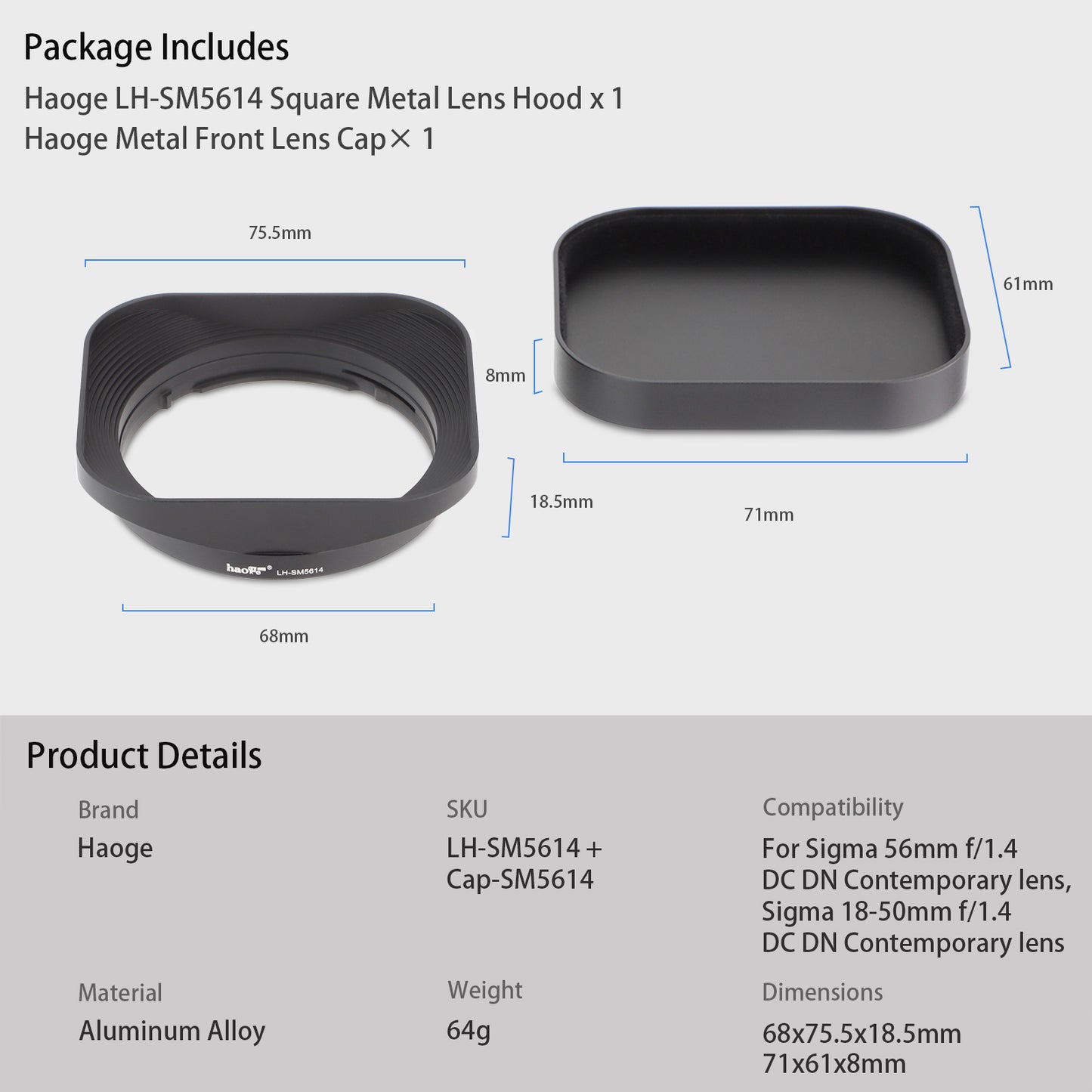 Haoge Bayonet Square Metal Lens Hood for Sigma 56mm F1.4 DC DN Lens, for Sigma 18-50mm F2.8 DC DN Lens LH-SM5614