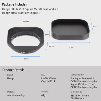 Haoge Bayonet Square Metal Lens Hood for Sigma 56mm F1.4 DC DN Lens, for Sigma 18-50mm F2.8 DC DN Lens LH-SM5614