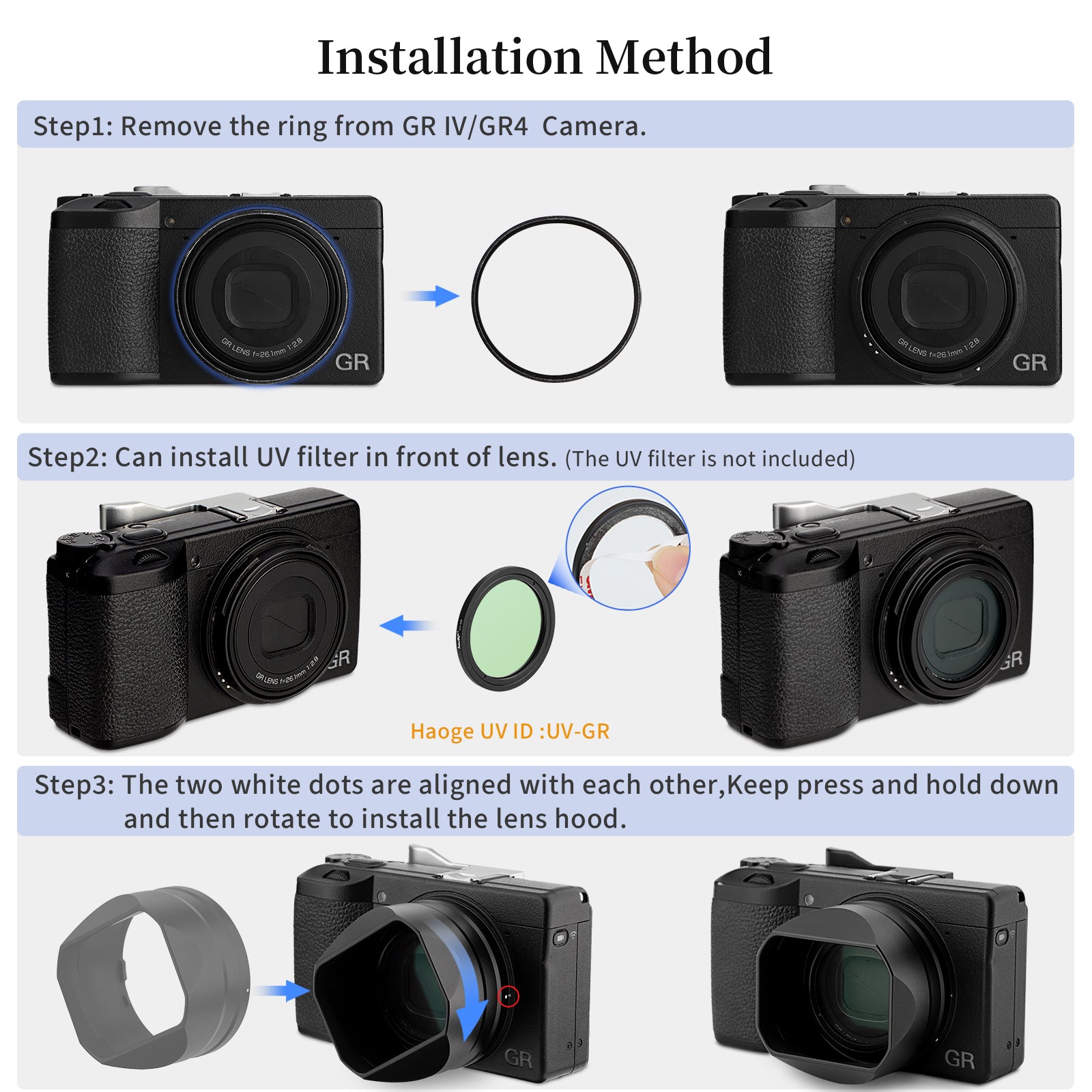 Haoge Metal Square Lens Hoods for RICOH GRIV GR4 Camera