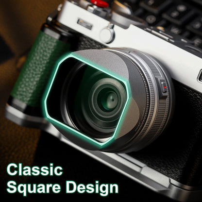 Haoge Squaret Metal Lens Hood for Fujifilm XF23mm F2.8 on XE5 Cemera Body kit Fujinon XF27mmF2.8 R WR Lense 39mm Screw-in Hood Silver ,With Metal Cap