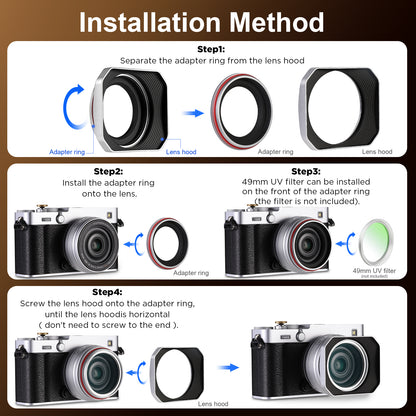 Haoge Squaret Metal Lens Hood  for Fujifilm XF23mm F2.8 on XE5 Cemera Body kit & Fujinon XF27mmF2.8 R WR Lense ,With Metal Cap,39mm Screw-in Hood Silver