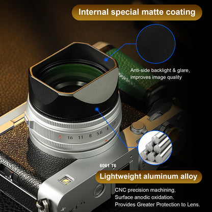 Haoge Metal Squaret Lens Hood for Fujifilm X-E5 & XF 23mm f2.8 set Fujinon XF27mmF2.8 R WR Lense 39mm Screw-in Hood Black,With Metal Cap, on XE5 Camera Body Kit