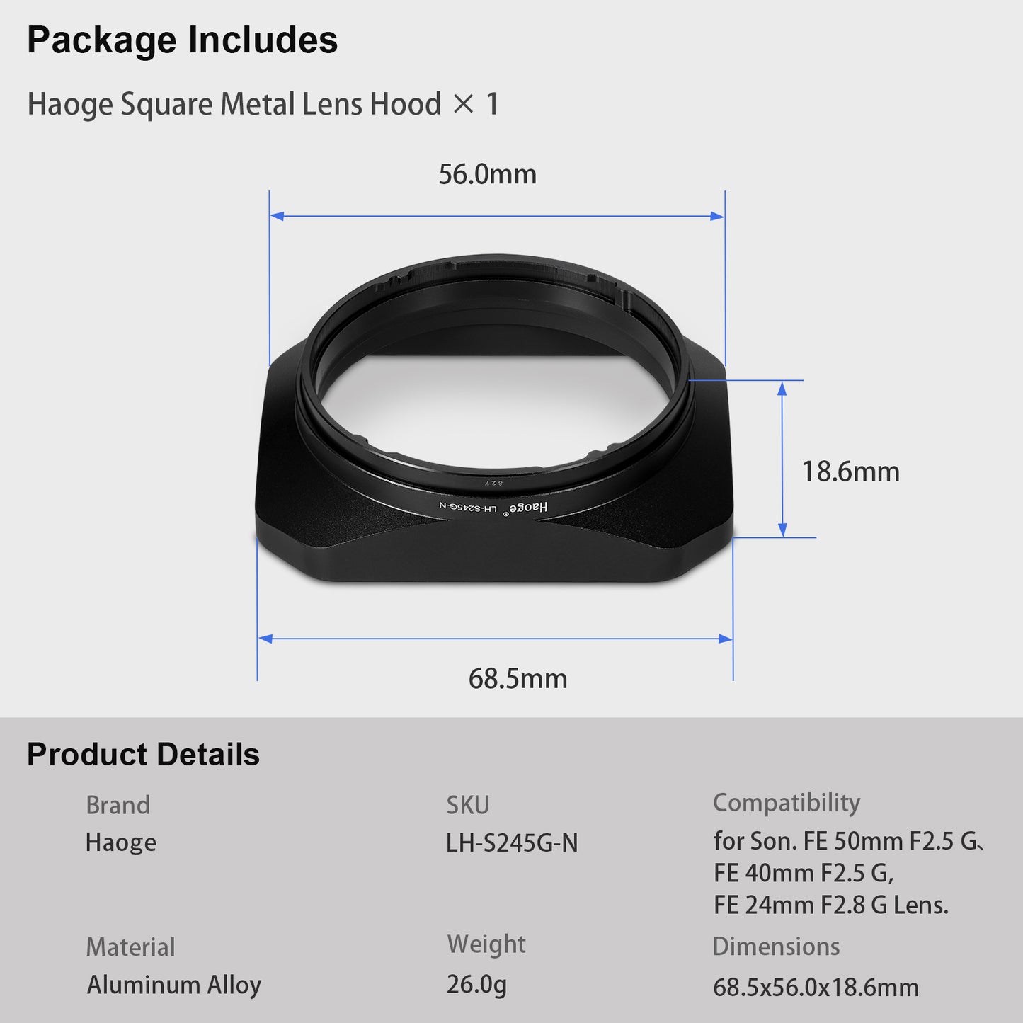 Haoge Metal Square Lens Hood for Sony FE 40mm F2.5 G FE 50mm F2.5 G FE 24mm F2.8 G Lens Shade on Sony A7CII A7CR A7R4 and Sony RX1RIII/RX1M2/RX1R/RX1 Camera Bayonet  Mount LH-S245G-N