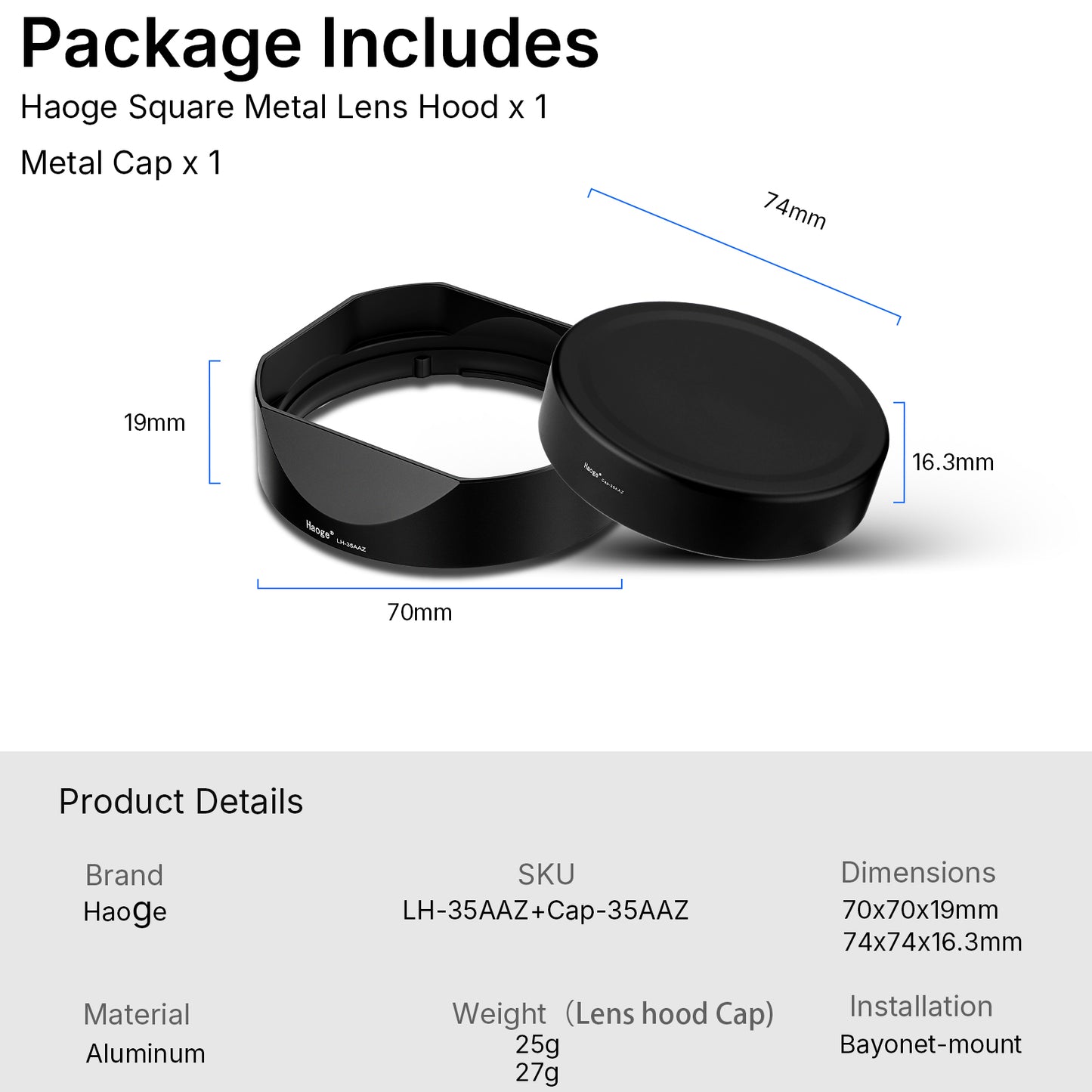 Haoge Square Metal Lens Hood for Voigtlander APO-LANTHAR 35mm F2 II ASPH,APO-LANTHAR 50mm F2 II Aspherical,APO-LANTHAR 28mm F2 for Nikon Z-mount Lens LH-35AAZ
