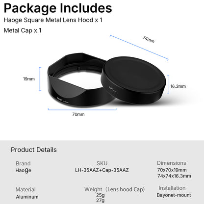Haoge Square Metal Lens Hood for Voigtlander APO-LANTHAR 35mm F2 II ASPH,APO-LANTHAR 50mm F2 II Aspherical,APO-LANTHAR 28mm F2 for Nikon Z-mount Lens LH-35AAZ