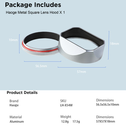 Haoge LH-X54W Square Metal Lens Hood with 49mm Adapter Ring for Fujifilm Fuji X100VI x100v Camera Silver