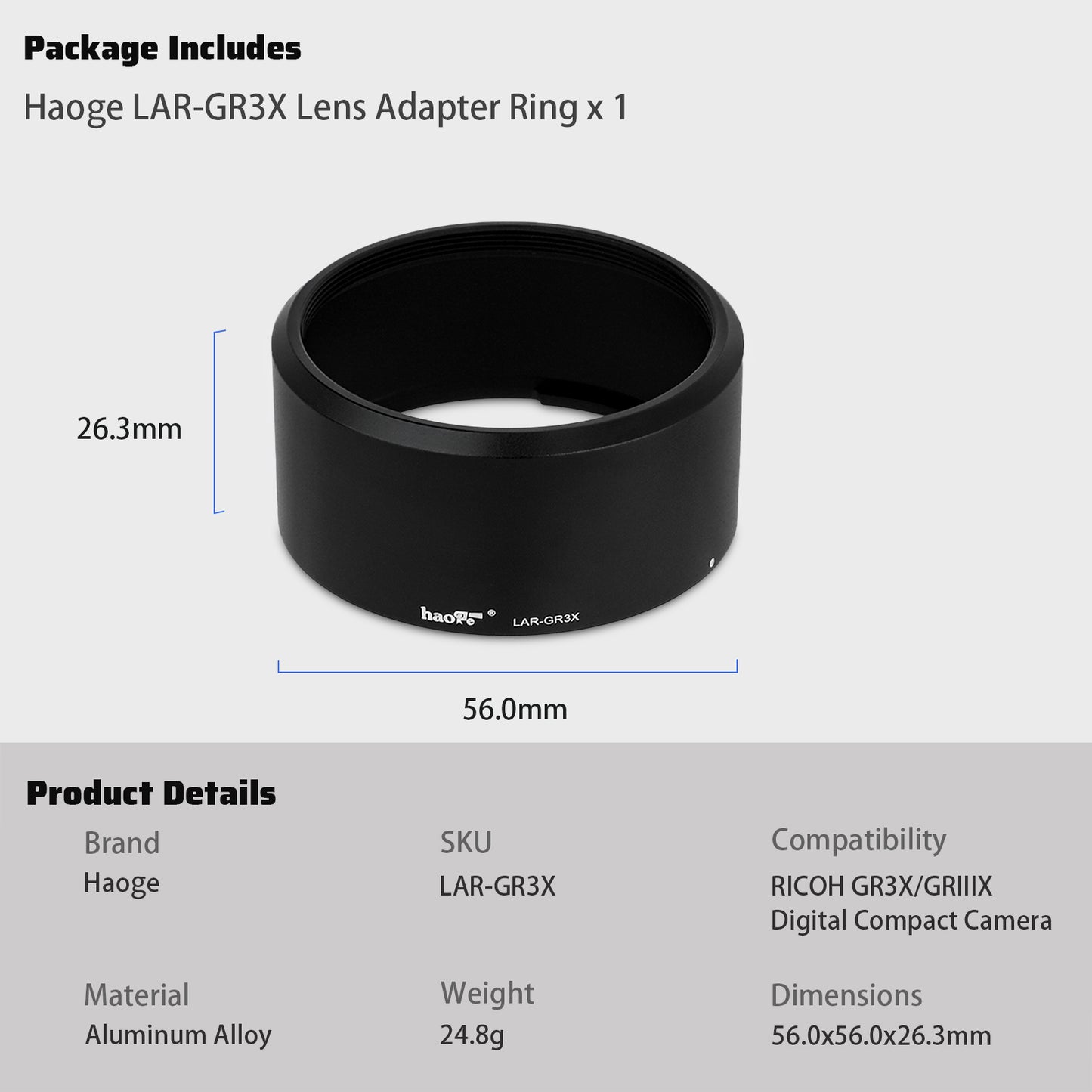Haoge LAR-GR3X Lens Filter Adapter Ring for RICOH GR3X/GRIIIX Digital Compact Camera for GT-2 GW4 Wide Conversion Lens replaces GA-2