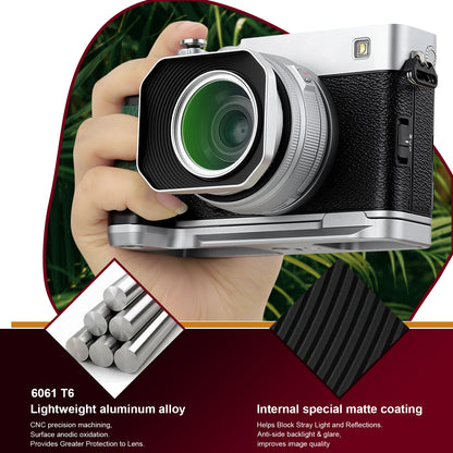Haoge Lens Hood Metal Squaret for Fujifilm XF 23mm F2.8 R WR Lens Hood ,Fuji XF 27mm F2.8 R WR Lens Hood Silver ,With Metal Cap on Fuji X-E5 Camera