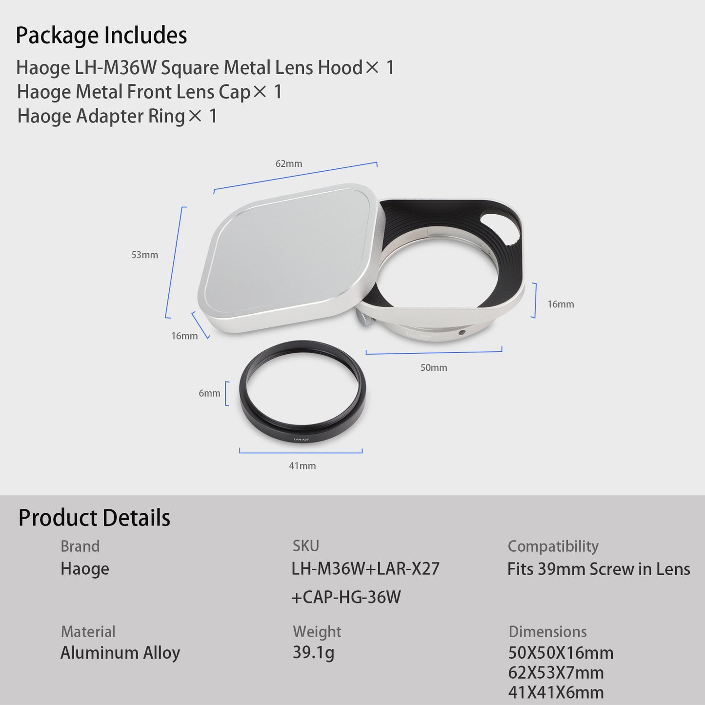 Haoge Lens Hood Metal Squaret for Fujifilm XF 23mm F2.8 R WR Lens Hood ,Fuji XF 27mm F2.8 R WR Lens Hood Silver ,With Metal Cap on Fuji X-E5 Camera