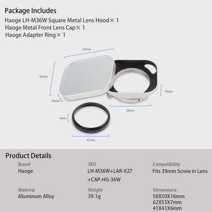 Haoge Lens Hood Metal Squaret for Fujifilm XF 23mm F2.8 R WR Lens Hood ,Fuji XF 27mm F2.8 R WR Lens Hood Silver ,With Metal Cap on Fuji X-E5 Camera
