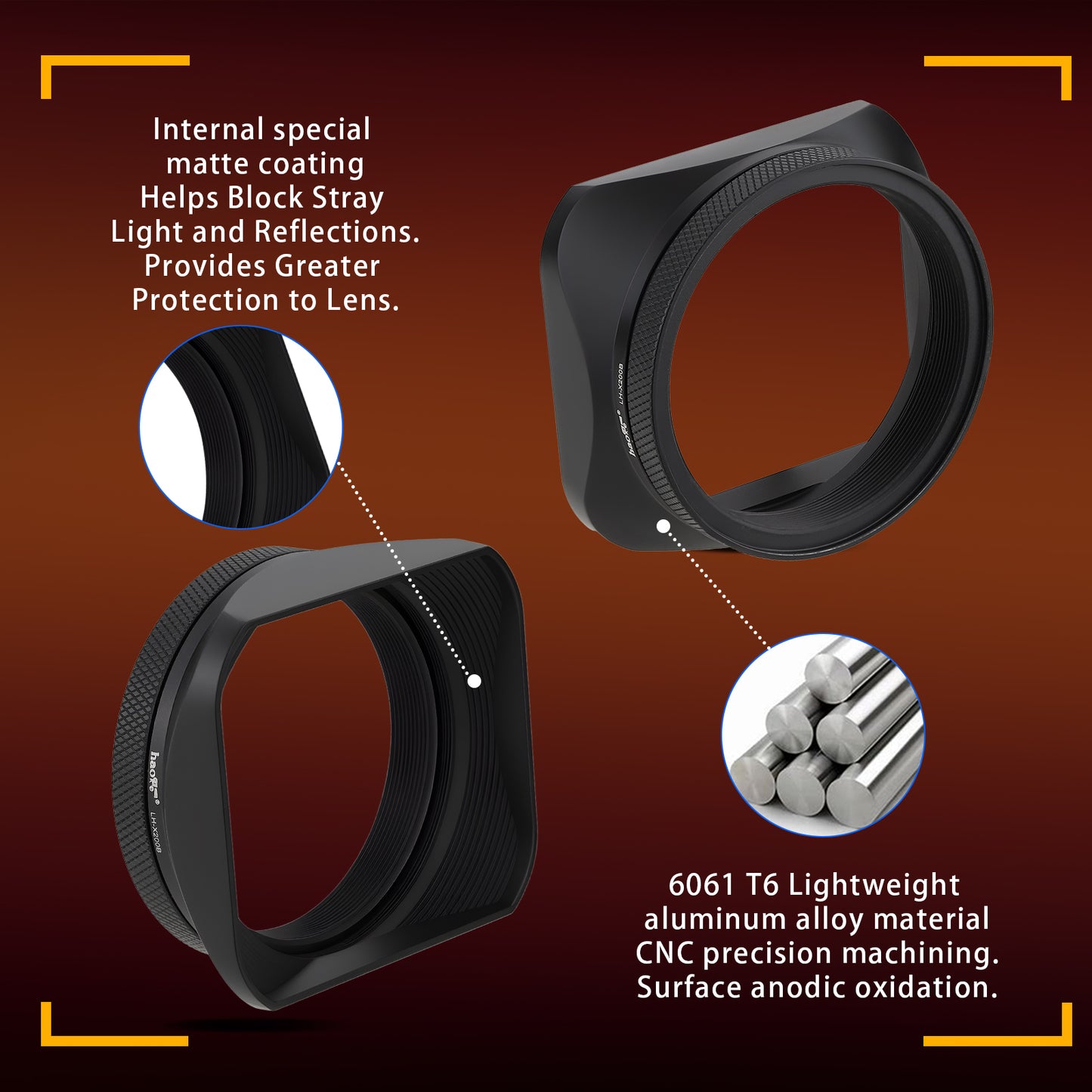 Haoge LH-X200B Square Metal Lens Hood with 49mm Adapter Ring for Fujifilm Fuji X100VI X100V X100F X100T X100S X100 X70 Fuji Photo Camera Accessories Black