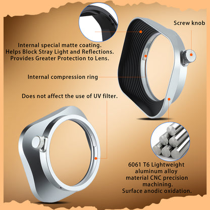 Haoge Silver 39/43/46/49/52mm Square Metal Screw-in Lens Hood for Fujifilm Canon Nikon Sony Leica Voigtlander Zeiss Nikkor Panasonic Pentax Contax Olympus Lens and Other Lens with Filter Thread