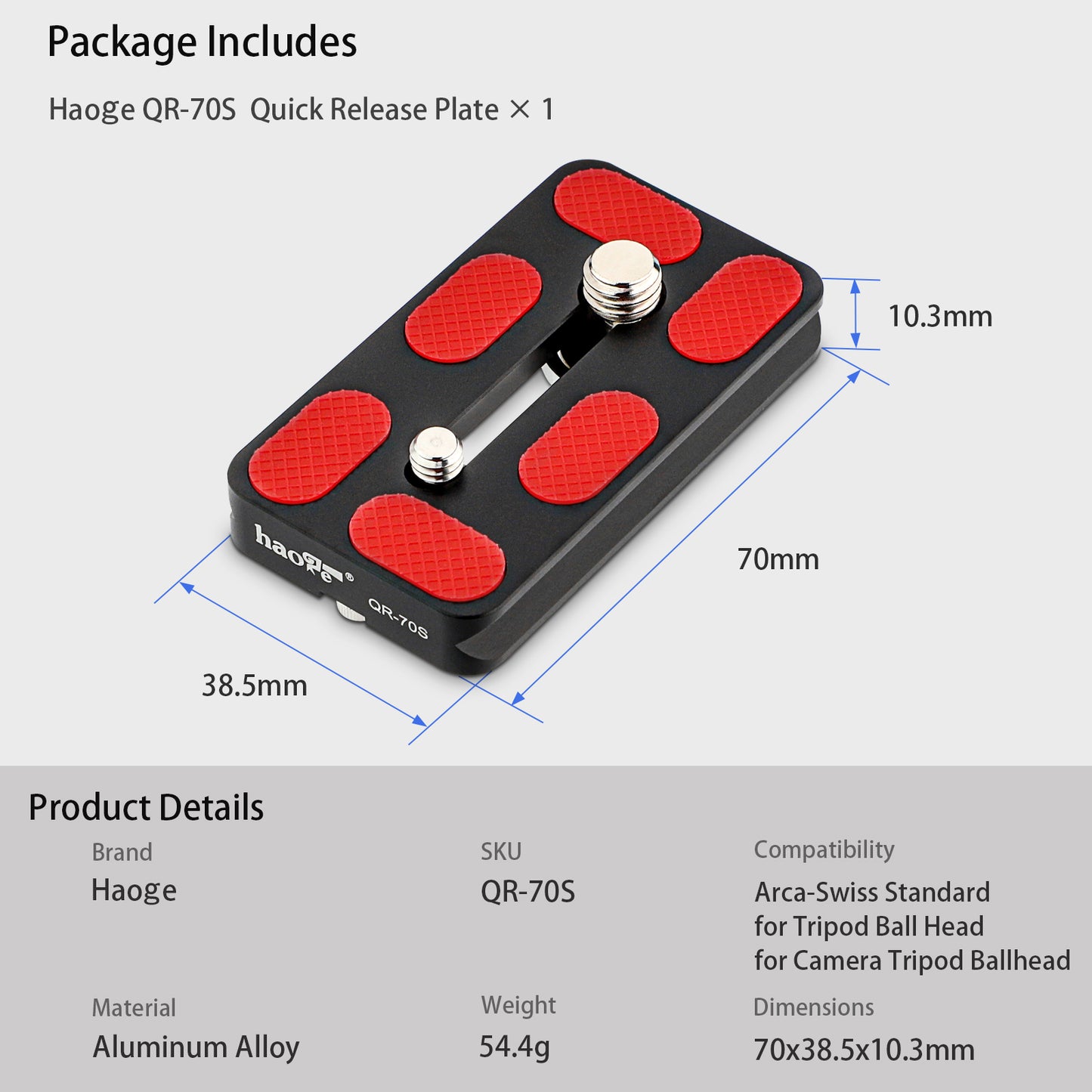 Haoge QR-70S Tripod Arca Plates 70mm Universal Arca Swiss Quick Release Plate for Tripod Ball Head with Hand-Adjustable Stainless Steel Screw of 1/4" and 3/8" (New Version)