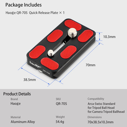 Haoge QR-70S Tripod Arca Plates 70mm Universal Arca Swiss Quick Release Plate for Tripod Ball Head with Hand-Adjustable Stainless Steel Screw of 1/4" and 3/8" (New Version)