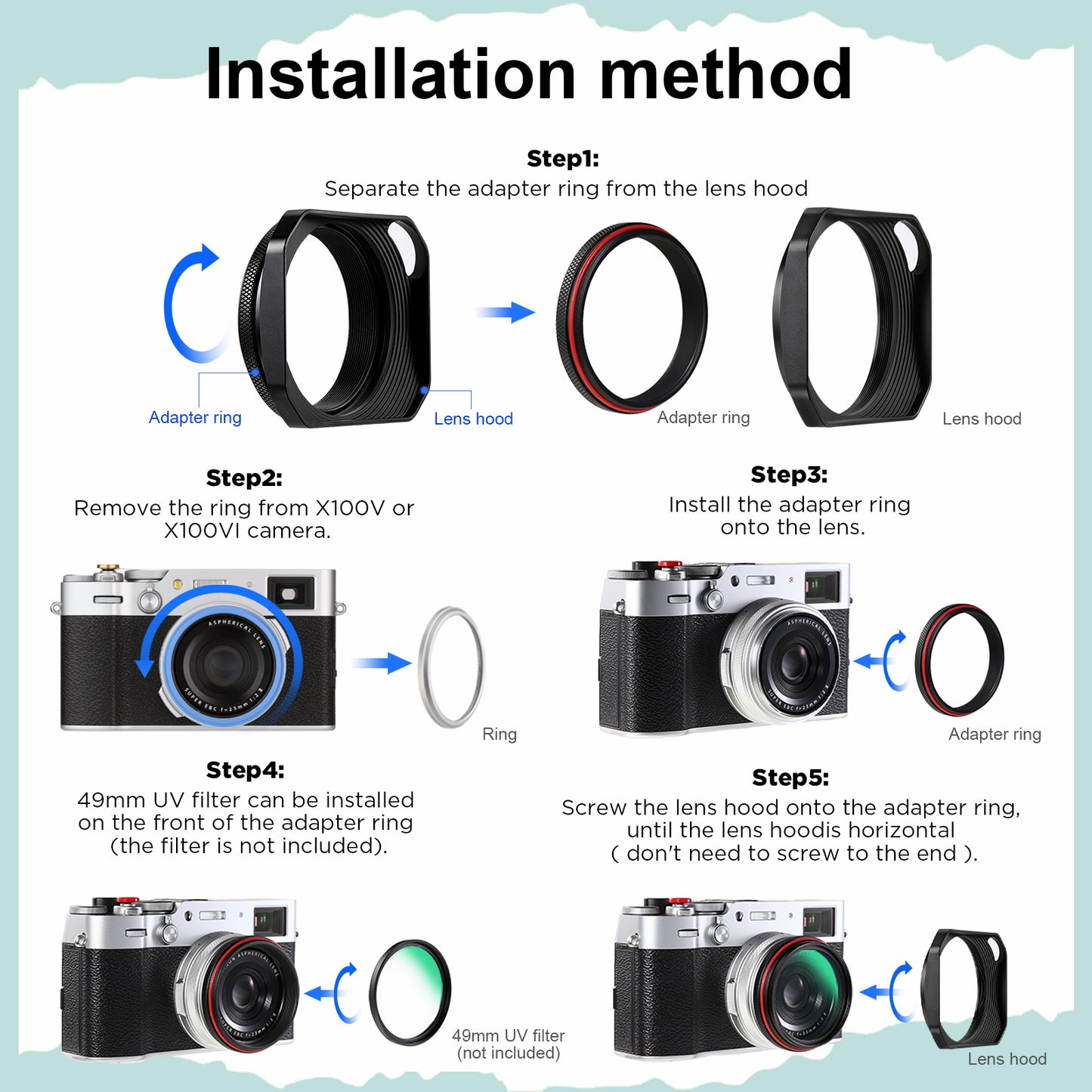 Haoge Square Metal Lens Hood with 49mm Uv Filter Adapter Ring for Fujifilm X100VI Fuji X100V X100F X100T X100S X70 Fuji Photo Camera Accessories Hollow Out Designed Black