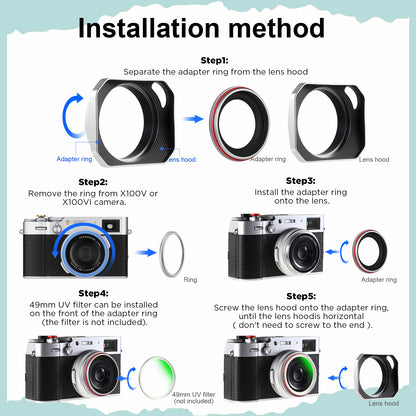Haoge Square Metal Lens Hood for Fujifilm X100VI Fuji X100V X100F X100T X100S X70 Fuji Photo Camera Accessories Silver with 49mm Uv Filter Adapter Ring Hollow Out Designed LH-X1006-PS
