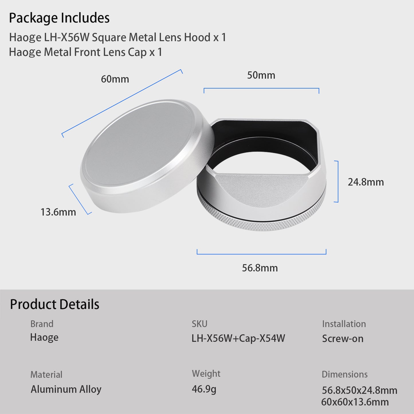 Haoge Square Metal Lens Hood Shade with Cap and 49mm Adapter Ring for Fuji Fujifilm FinePix X100VI x100vi x100v x100f x100t x100s x100 x70 Camera Accessories Silver LH-X54W+Cap-X54W