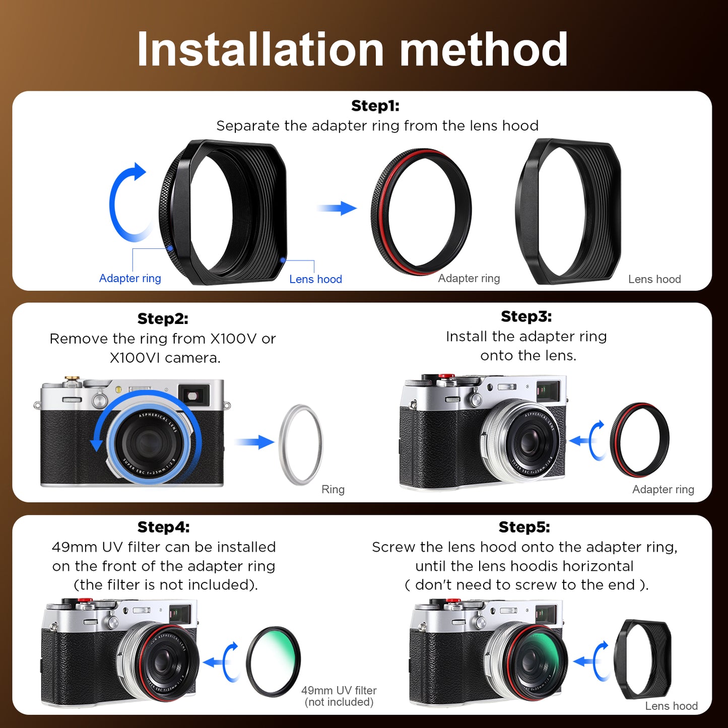 Haoge Square Metal Lens Hood with 49mm Uv Filter Adapter Ring for Fujifilm X100VI Fuji X100V X100F X100T X100S X70 Fuji Photo Camera Accessories LH-X1006B Black