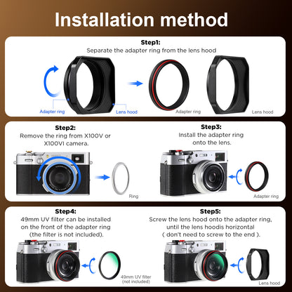 Haoge Square Metal Lens Hood with 49mm Uv Filter Adapter Ring for Fujifilm X100VI Fuji X100V X100F X100T X100S X70 Fuji Photo Camera Accessories LH-X1006B Black