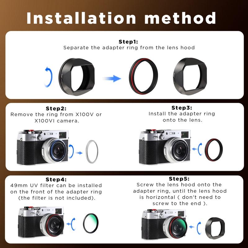 Haoge Square Metal Lens Hood with 49mm UV Filter Adapter Ring for Fujifilm X100VI Fuji X100V X100F X100T X100S X70 Camera Black LH-XVI100B