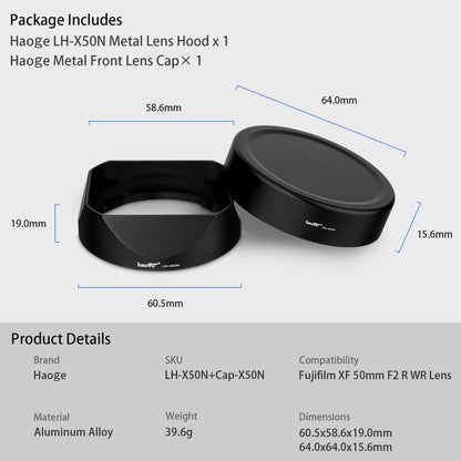Haoge LH-X50N Bayonet Square Metal Lens Hood for Fujifilm Fuji Fujinon XF 50mm F2 R WR Lens With Metal Cap Kit on X-Pro3 X-T4 X-S10 Camera