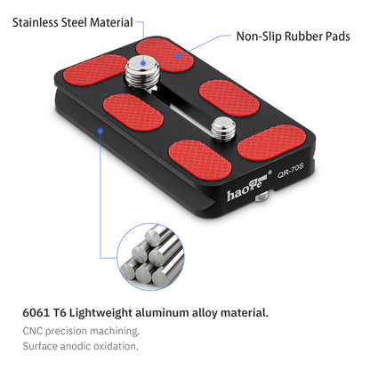 Haoge QR-70S Tripod Arca Plates 70mm Universal Arca Swiss Quick Release Plate for Tripod Ball Head with Hand-Adjustable Stainless Steel Screw of 1/4" and 3/8" (New Version)