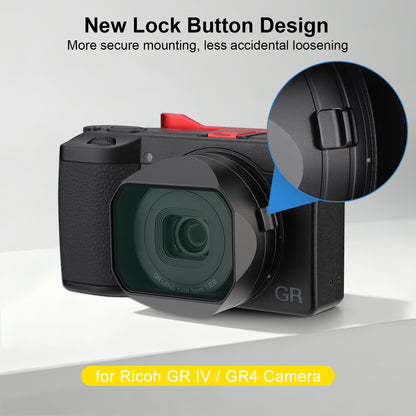 Haoge GR4 Metal Square Lens Hood & Built-in UV Filter for RICOH GR VI HDF Camera Lens Accessories Bayonet Mount, With Lock Button Design