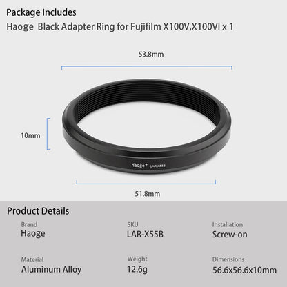 Haoge 49mm Lens UV Filter Adapter Ring for Fujifilm Fujinon X100VI X100V Camera fit 49mm UV CPL ND Filter Fit Original Lens Cap Black LAR-X55B