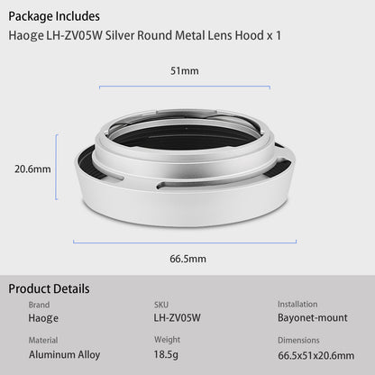 Haoge LH-ZV05W Runde Metall-Gegenlichtblende für Carl Zeiss Biogon T* 2/35 35 mm f/2 ZM, Biogon T* 2.8/35 35 mm f/2.8 ZM, Planar T* 2/50 50 mm f/2 ZM; Voigtländer NOKTON CLASSIC 35 mm f/1.4 I &amp; II VM, 40 mm f/1.4 VM, 50 mm f/1.5 Aspherical II VM