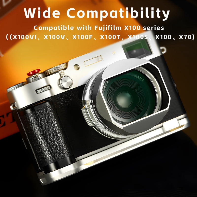 Haoge Square Metal Lens Hood for Fujifilm X100VI Fuji X100V X100F X100T X100S X70 Camera Silver with 49mm UV Filter Adapter Ring LH-XVI100S