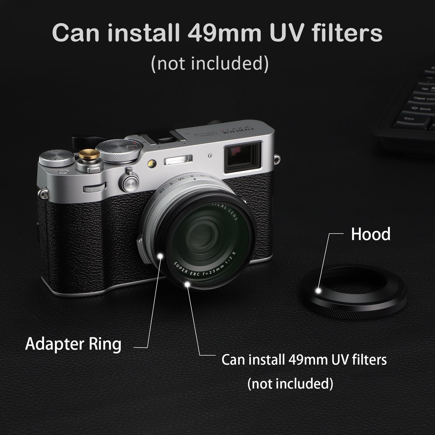 Haoge LH-X51B 2in1 All Metal Ultra-Thin Lens Hood with Adapter Ring Set for Fuji Fujifilm FinePix X100V X100VI Camera Black