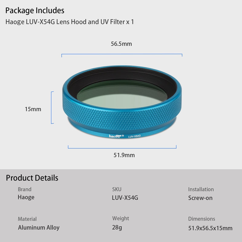 Haoge Metal Lens Hood with MC UV Protection Multicoated Ultraviolet Lens Filter for Fujifilm Fuji X100VI Camera Blue LUV-X54G