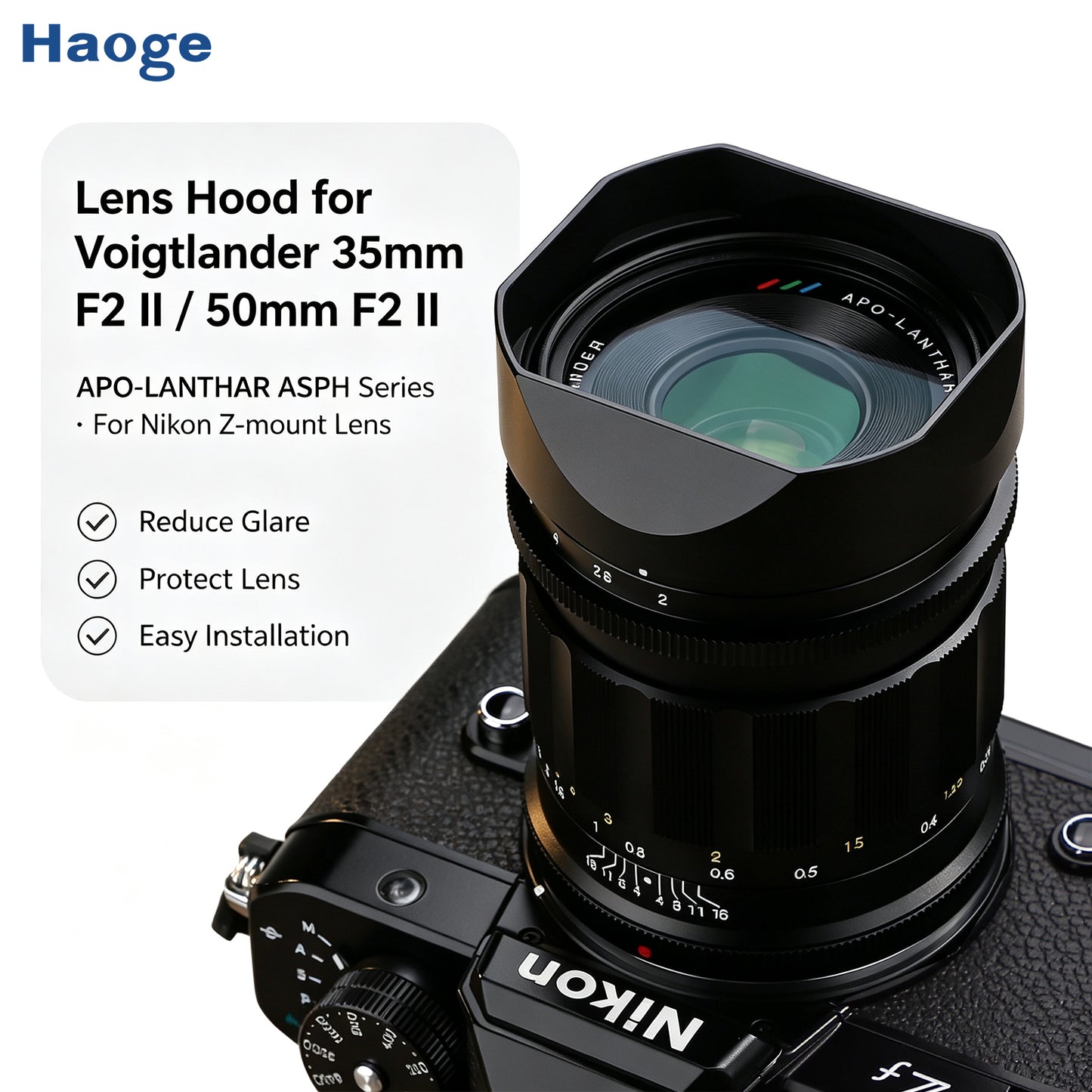 Haoge Z 35mm 50mm f2 II Metal Square Lens Hood for Voigtlander APO-LANTHAR 50mm 35mm F2 Aspherical II Z-mount Lens Accessories Bayonet Black,with Cap LH-35AAZ+Cap-35AAZ