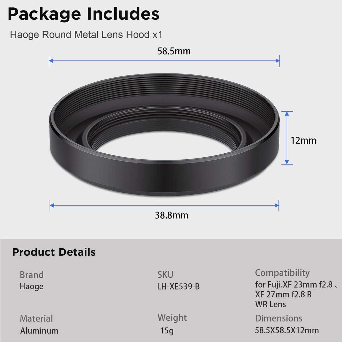 Haoge 39mm Metal Round Lens Hood for Voigtländer Color-Skopar 28mm f/2.8 Aspherical Typ I/II VM Lens
