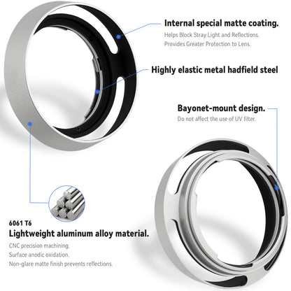 Haoge LH-ZV12 Round Metal Lens Hood for Carl Zeiss C Biogon T* 2.8/28 28mm f2.8 ZM, C Sonnar 1.5/50 50mm f1.5 ZM Lens silver
