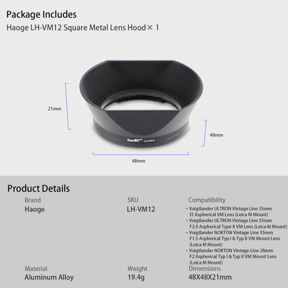 Haoge LH-VM12 Bayonet Square Metal Lens Hood Shade for Voigtlander Nokton 35mm F1.5 Aspherical VM Type I & Type II,ULTRON 28mm f2 1:2/28 35mm f2 1:2/35 Aspherical VM,2.5/35 P II Lens replace LH-12