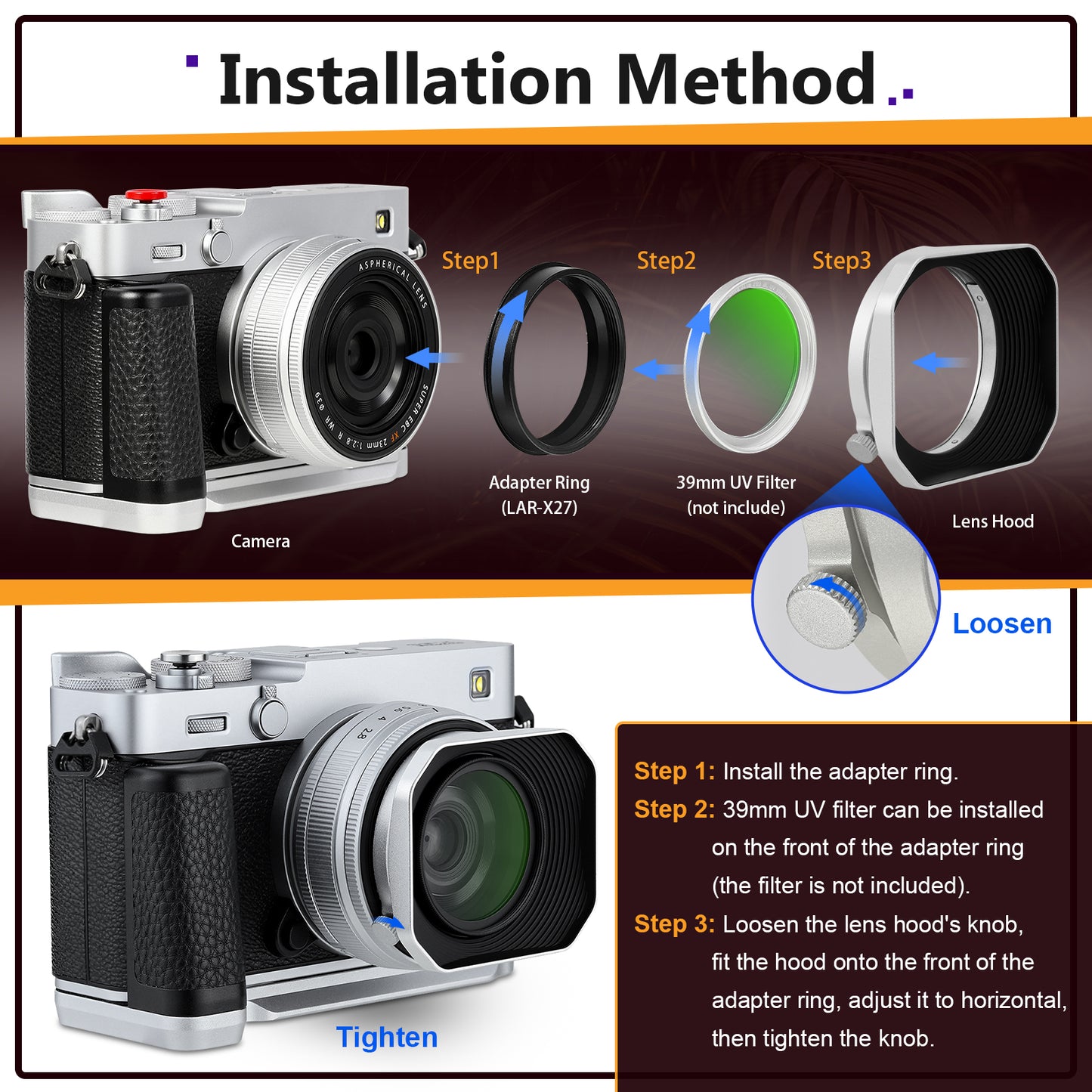 Haoge Square Metal Lens Hood for Leica Summicron M 35mm f2 M 28mm f2.8, for Voigtlander 35mm f2 1.5 Lens with Cap Silver