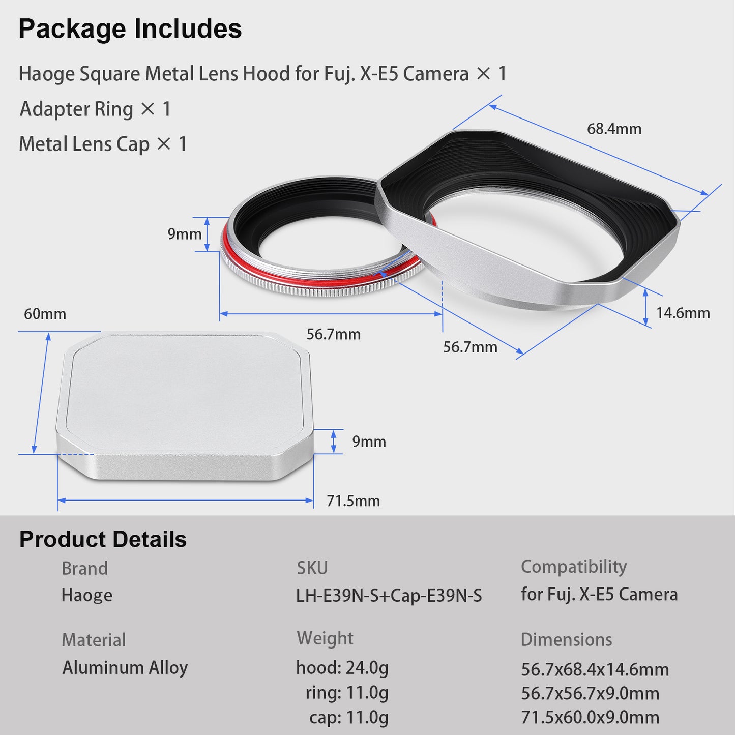 Haoge Squaret Metal Lens Hood  for Fujifilm XF23mm F2.8 on XE5 Cemera Body kit & Fujinon XF27mmF2.8 R WR Lense ,With Metal Cap,39mm Screw-in Hood Silver