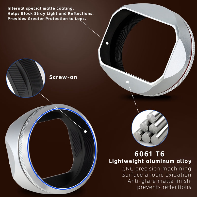Haoge Square Metal Lens Hood for Fujifilm X100VI Fuji X100V X100F X100T X100S X70 Camera Silver with 49mm UV Filter Adapter Ring LH-XVI100S