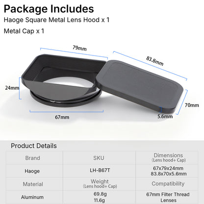 Haoge Metal Lens Hood for Hasselblad XCD 45mm F3.5/XCD 65mm F2.8/XCD 90mm F3.5 Lens , 67mm Screw Hood, Compatible with 67mm UV Filters
