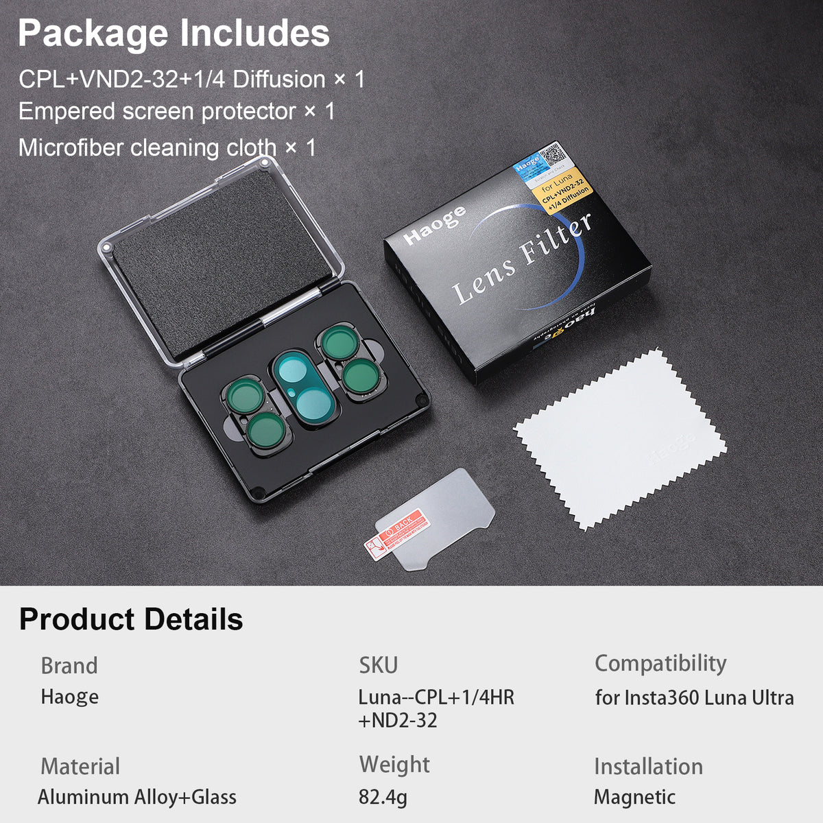 Haoge for Insta360 Luna Ultra Magnetic Lens Filter UV CPL ND2-32 1/4 Black Mist LPR Night Filter Wide-Angle Lens Vlog Filter Camera Accessories