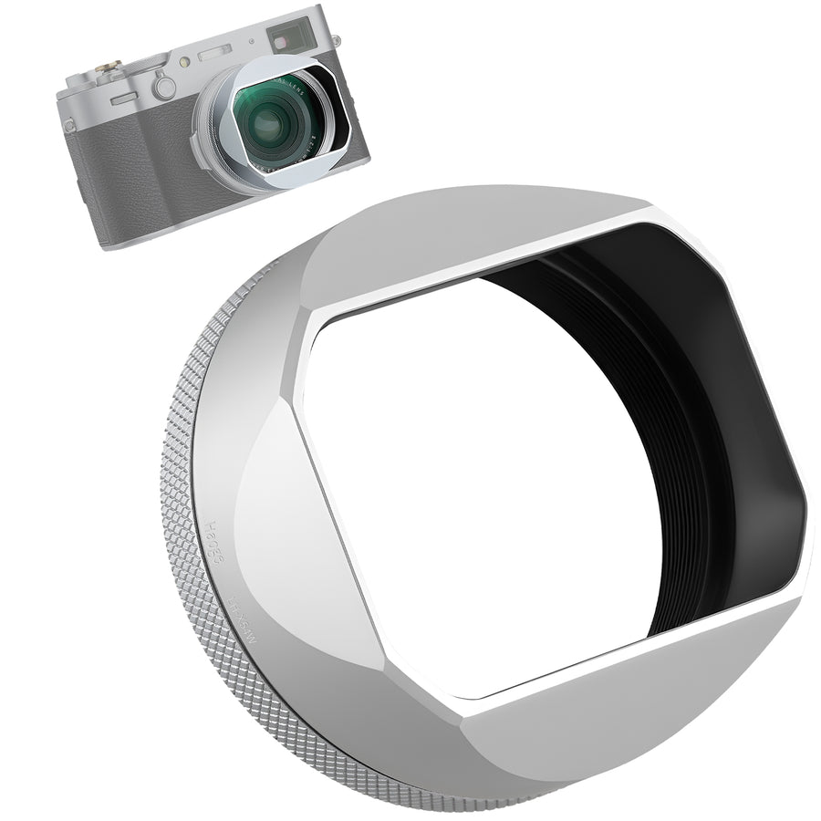Haoge LH-X54W Square Metal Lens Hood with 49mm Adapter Ring for Fujifilm Fuji X100VI x100v Camera Silver