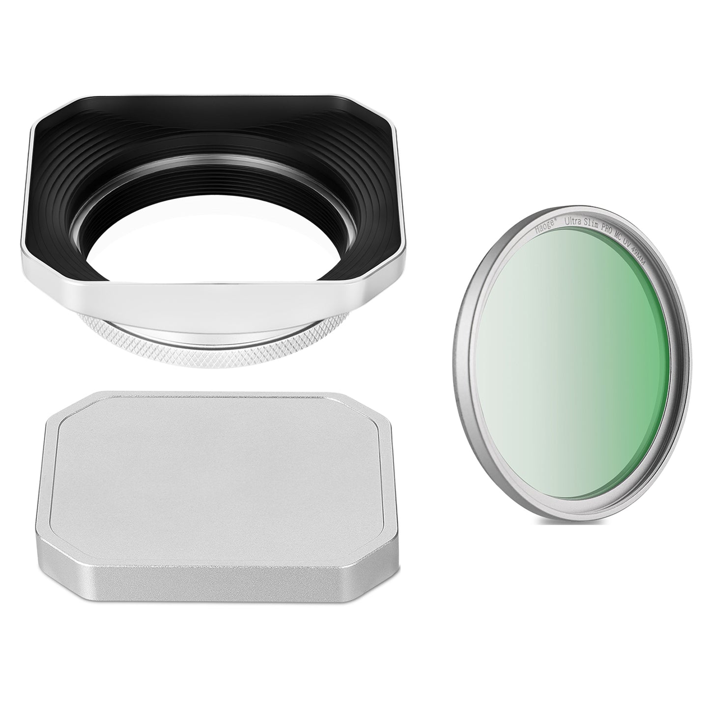 Haoge new version Square Metal Lens Hood for Fujifilm X100VI Fuji X100V X100F X100T X100S X70 Fuji Photo Camera Accessories with 49mm UV Filter Adapter Ring LH-X1006S Silver