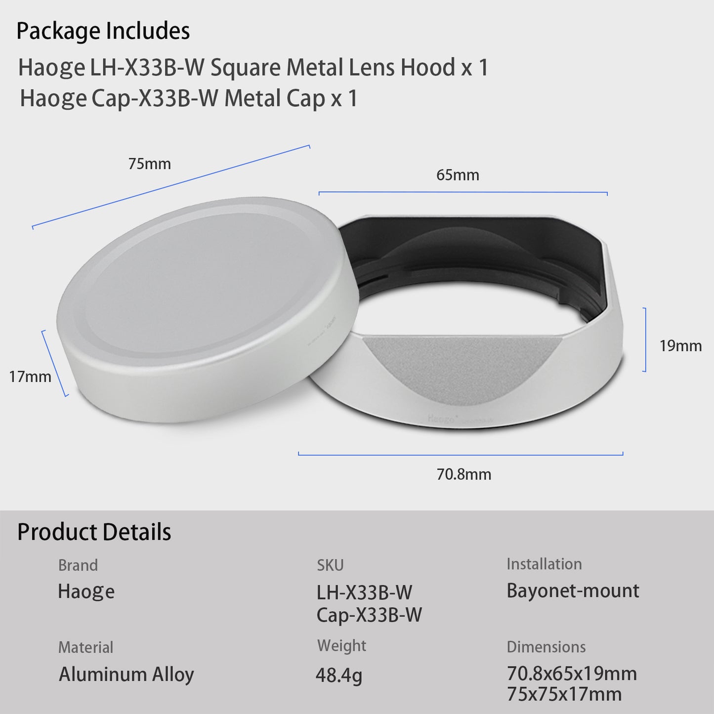 Haoge Silver Metal Square Lens Hood for Fujifilm XF33mm F1.4 R LM WR Lens, Fuji XF23mmF1.4 R LM WR,Fujinon XF 16-50mm F2.8-4.8 R LM WR lens, Bayonet  Hood Shade,With Metal Cap Kit,