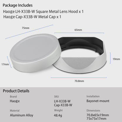 Haoge Silver Metal Square Lens Hood for Fujifilm XF33mm F1.4 R LM WR Lens, Fuji XF23mmF1.4 R LM WR,Fujinon XF 16-50mm F2.8-4.8 R LM WR lens, Bayonet  Hood Shade,With Metal Cap Kit,