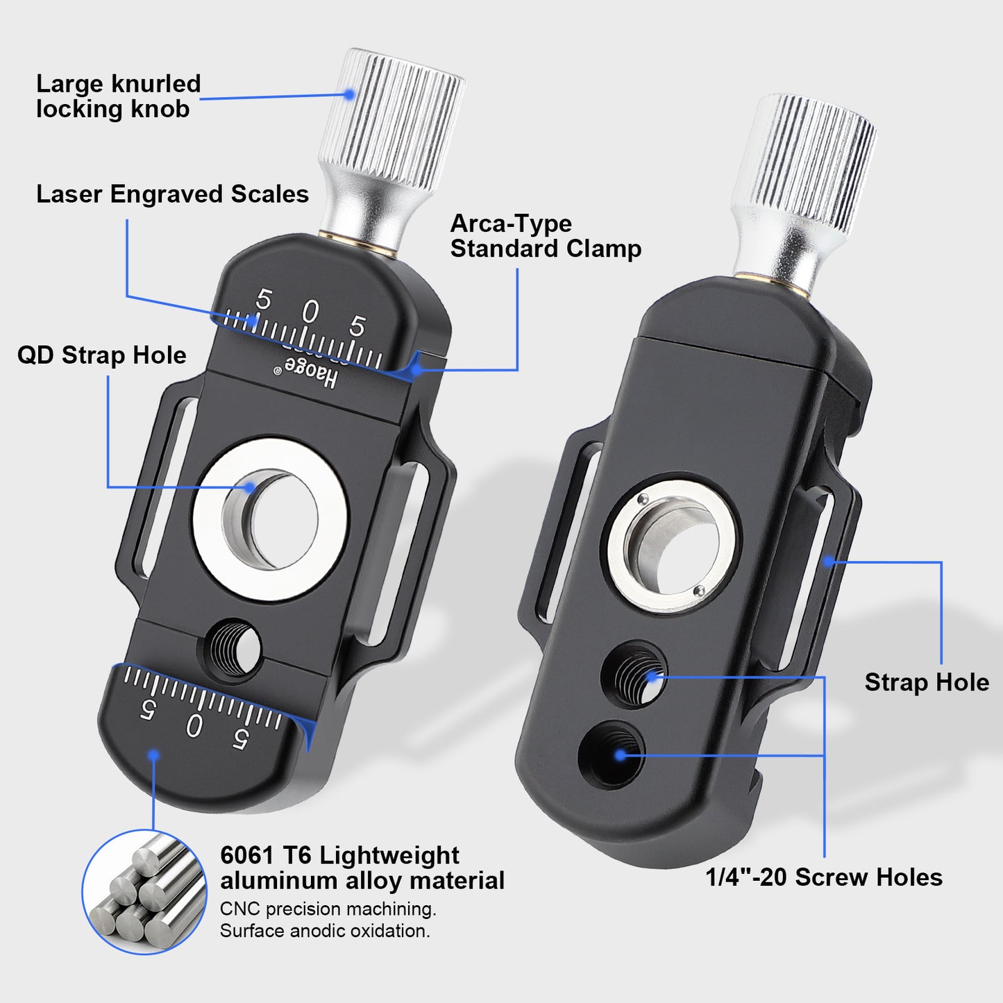 Haoge Lightweight Arca QR Clamp 1/4 Inch Hole QD Port for Magpul QD Sling,Compatible with Arca Standard Camera L Bracket Quick Release Plates CP-29QD