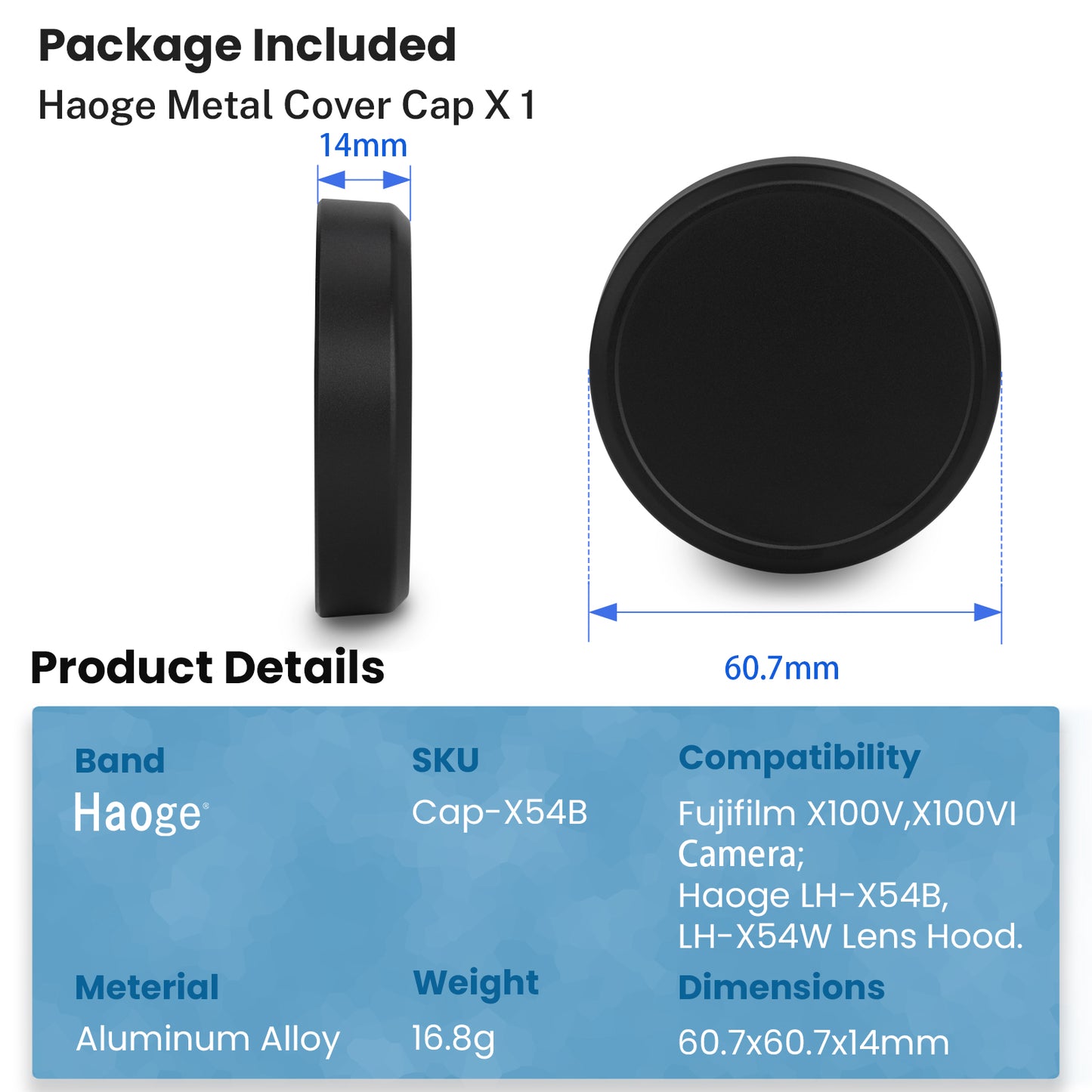 Haoge Cap-X54B Metal Lens Cap for Fujifilm X100VI Fuji X100V Camera Black Compatible With Haoge LH-X54B LUV-X54B LUV-XVIB Lens Hood