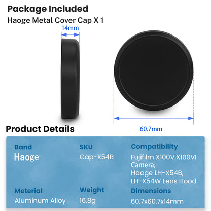 Haoge Cap-X54B Metal Lens Cap for Fujifilm X100VI Fuji X100V Camera Black Compatible With Haoge LH-X54B LUV-X54B LUV-XVIB Lens Hood