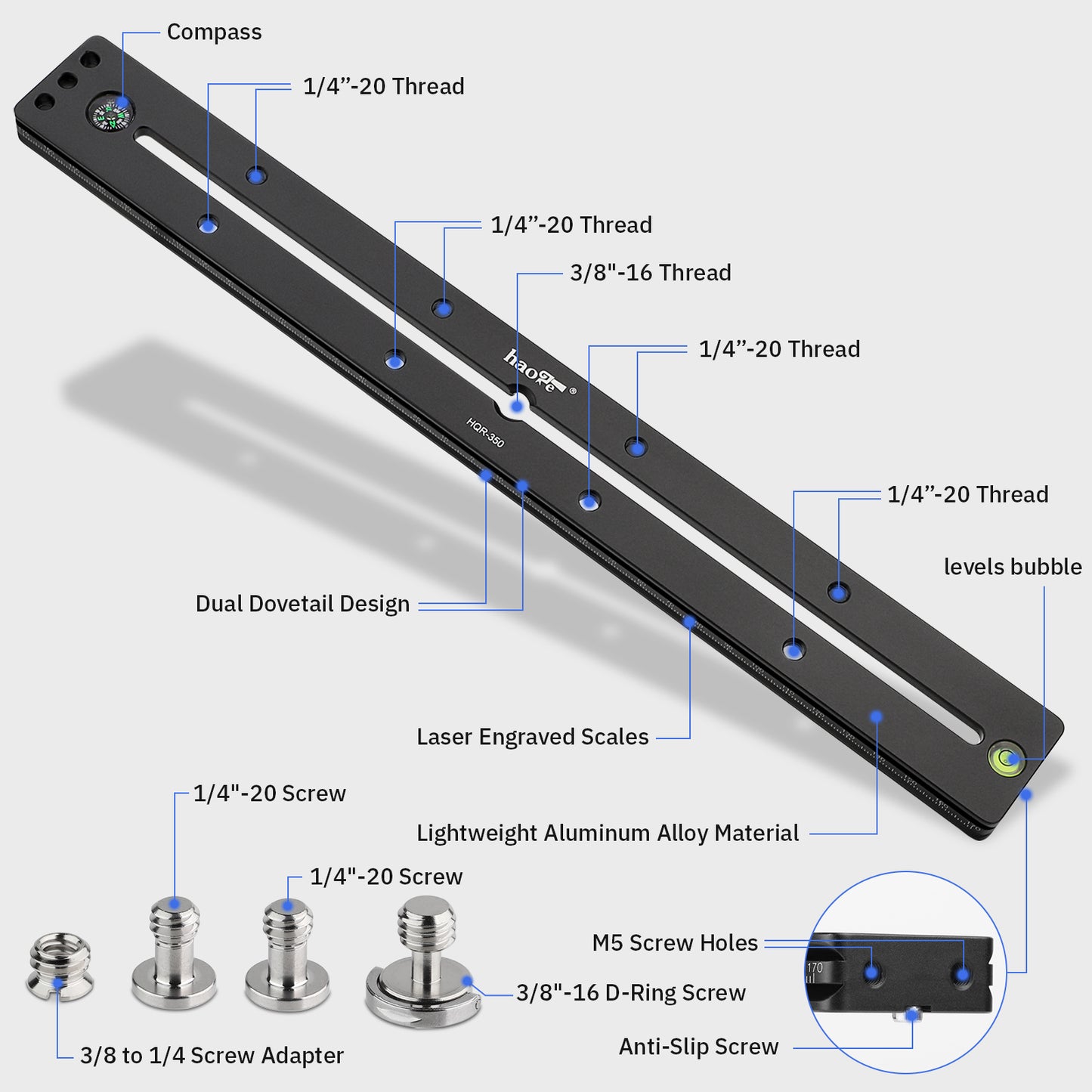 Haoge HQR-350 350mm Multi-purpose Dual Dovetail Long Quick Release Extender Rail Sliding Plate for Camera Tripod Ballhead Clamp fit Benro Arca Swiss Sunwayfoto