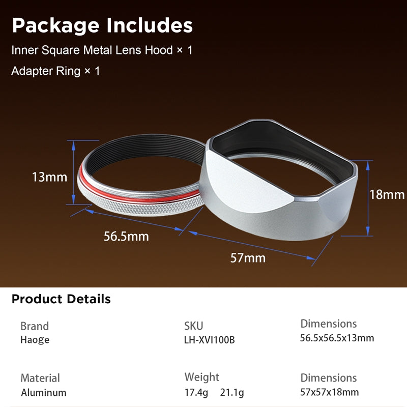 Haoge Square Metal Lens Hood for Fujifilm X100VI Fuji X100V X100F X100T X100S X70 Camera Silver with 49mm UV Filter Adapter Ring LH-XVI100S